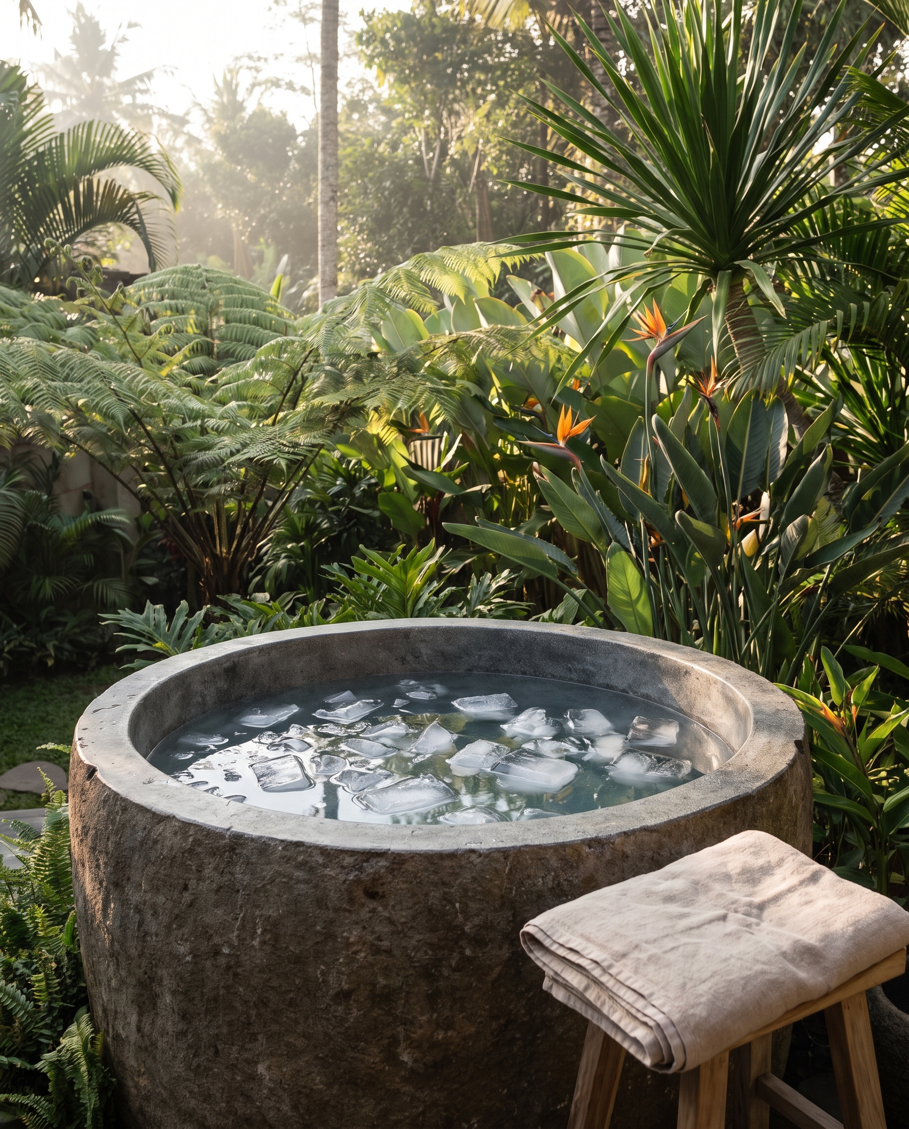 Outdoor cold plunge tub with ice among tropical plants