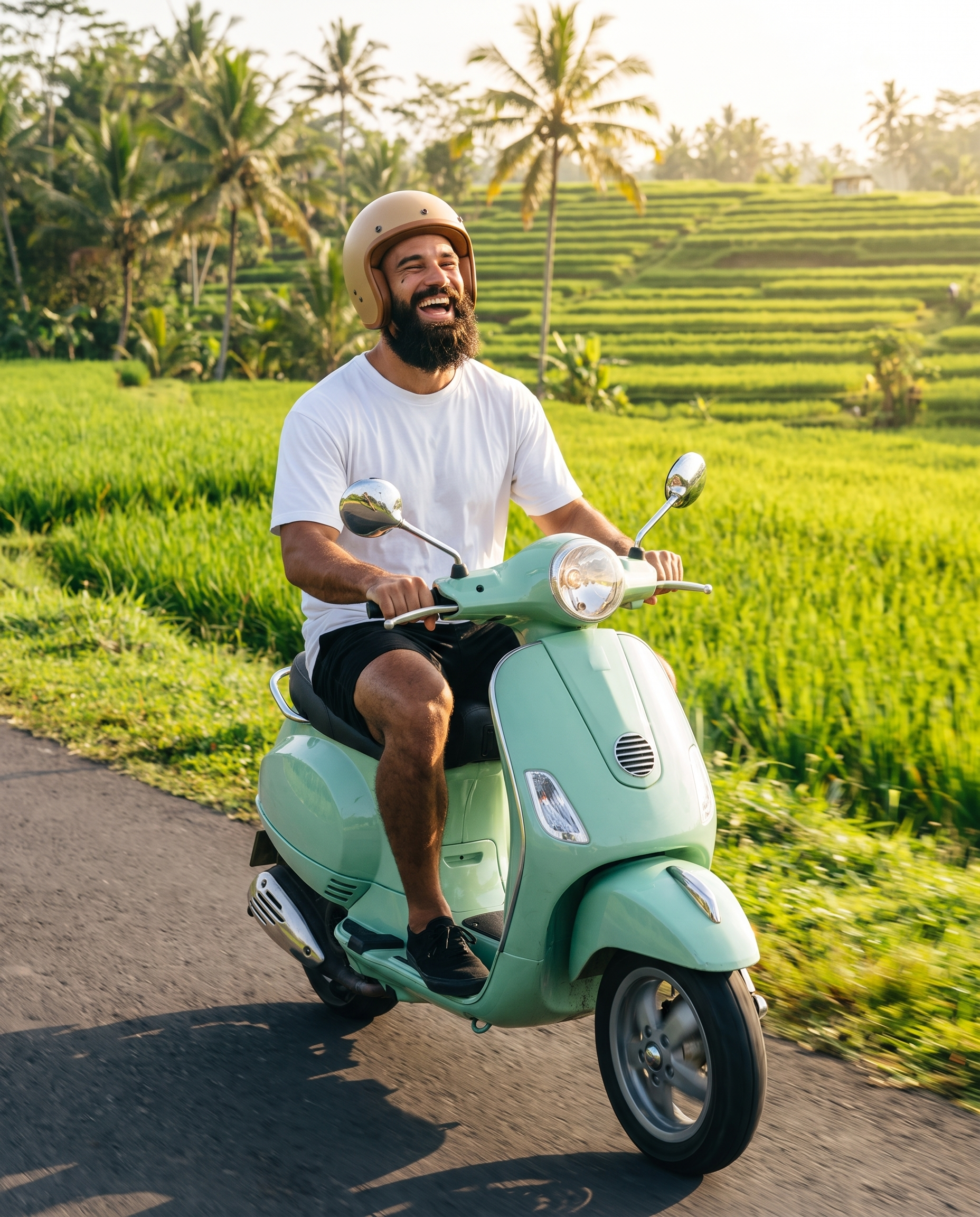 Adur laughing on a scooter between Bali rice terraces