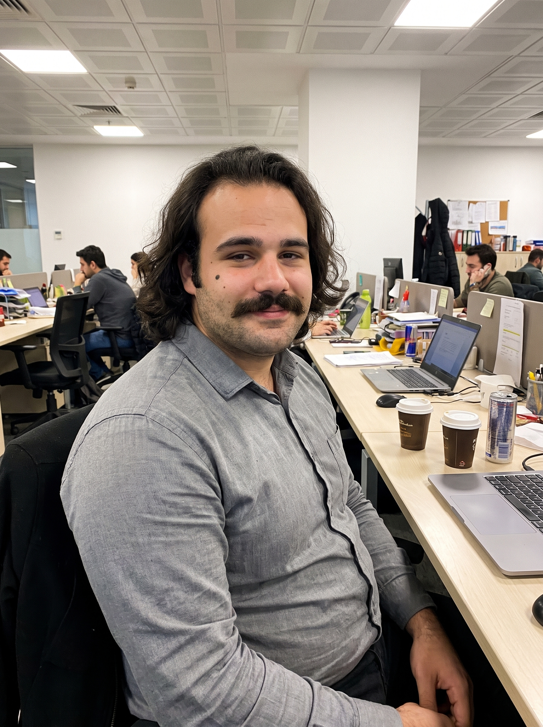 Adur in 2019 at an office desk in Istanbul, heavier, with long hair and a mustache